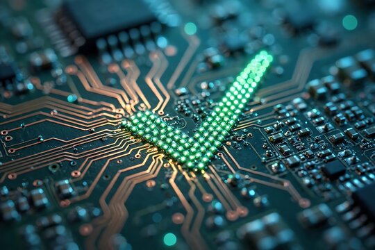 A glowing green checkmark symbol formed by tiny illuminated light points, integrated onto a dark green computer circuit board with intricate golden pathways