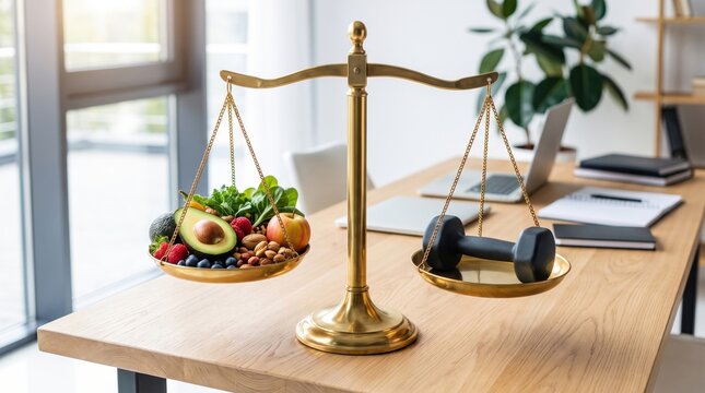 A brass balance scale on a desk compares healthy food like avocado and berries to a dumbbell, symbolizing the balance between nutrition and exercise.