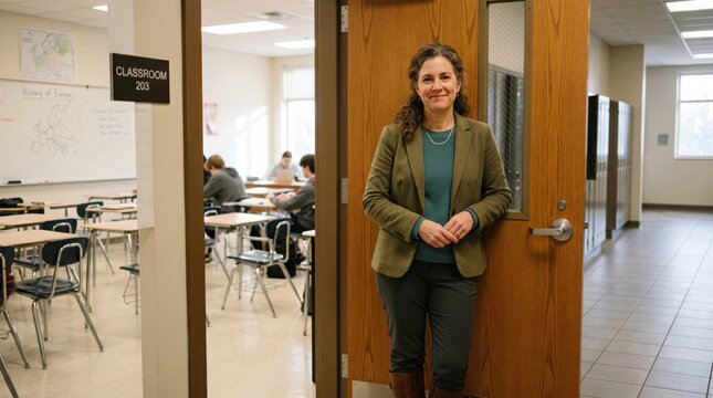 A confident woman stands at the entrance of a classroom with students engaged in learning in the background.