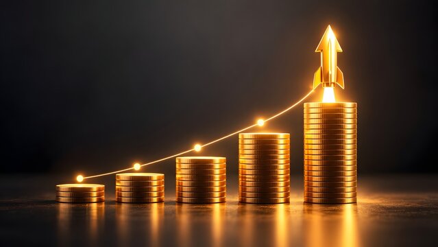 Golden stacks of coins representing financial growth with a glowing rocket ship taking off from the highest peak, symbolizing high-speed investment success and exponential profit increase.