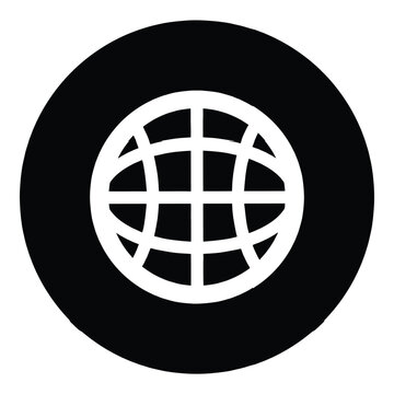 A white globe icon centered inside a solid black circle on a white background.