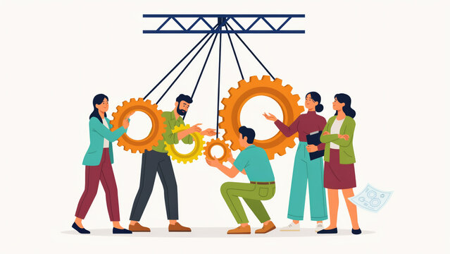 A diverse team of professionals working together to assemble and align large mechanical gears in a collaborative office environment with gears suspended structure