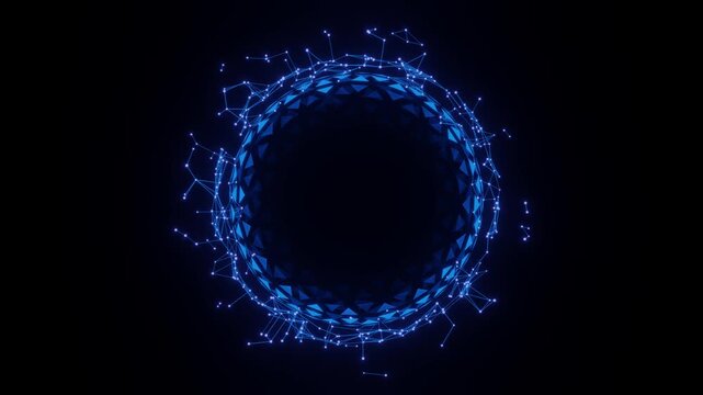 3d motion graphic video of an abstract blue plexus network ring with dynamic non looping node connections and glowing cyber data elements for technology visualization