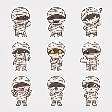 ute cartoon mummy stickers sheet with various expressions and poses