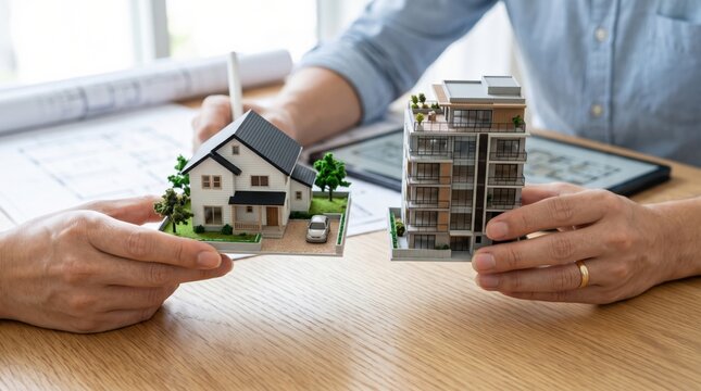 Two people compare miniature models of a house and an apartment building on a wooden table, suggesting a real estate or architectural discussion.