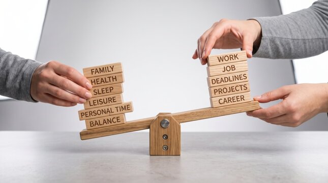 A seesaw balancing blocks labelled with life aspects on one side and work-related terms on the other, symbolizing work-life balance.