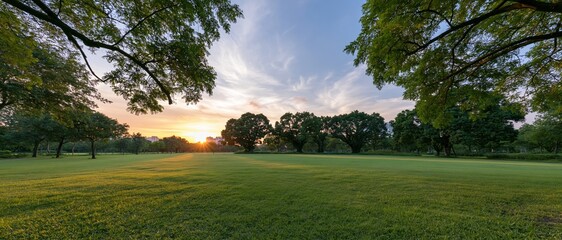Fototapeta premium Wide panoramic view of a manicured urban park at sunset with green lawn and trees framing the horizon