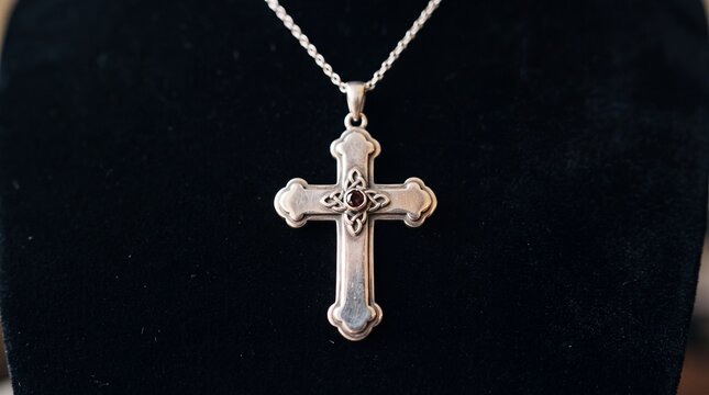 Close-up of a silver cross pendant necklace on a black background.