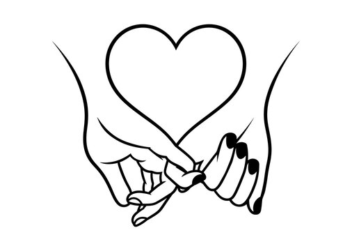 Two hands interlocked forming a heart shape a black and white line drawing affection amity
