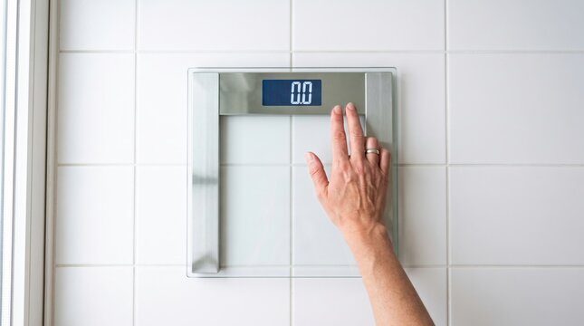 Hand touching a digital bathroom scale displaying zero on a tiled floor background.