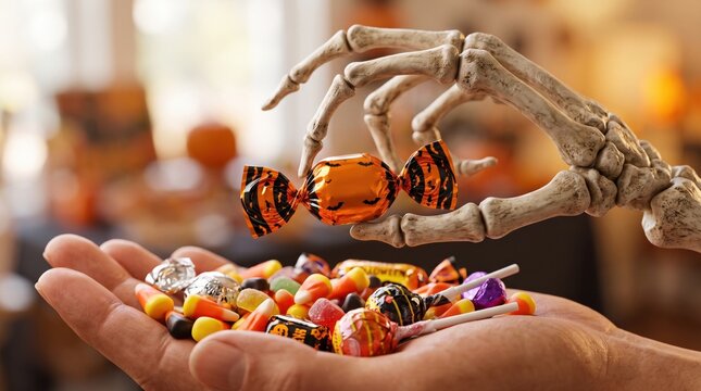A skeletal hand offers Halloween candy to a person"s open palm filled with assorted colorful sweets.