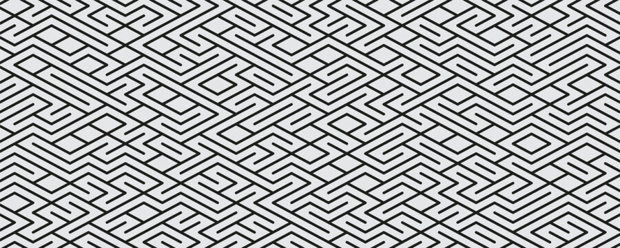 Abstract geometric isometric maze pattern background vector illustration. Black and white labyrinth linear texture backdrop.