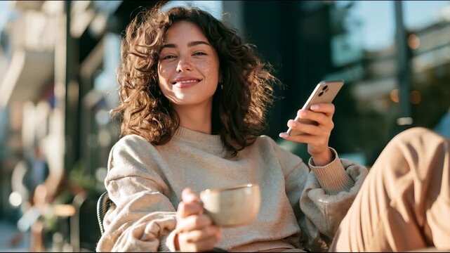 Woman enjoying coffee and checking phone at outdoor caf&eacute; during sunny
