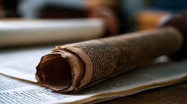 A close up of an aged  rolled parchment scroll resting on open pages of text  with warm lighting and wooden surface