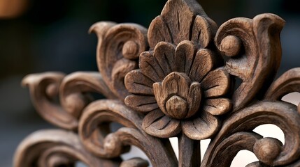 Naklejka premium Close up of intricately carved wooden floral motif with swirling patterns and detailed craftsmanship