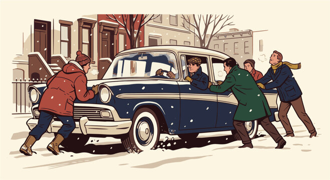 Vector cartoon illustration of people helping to push a vintage car stuck in the snow during winter