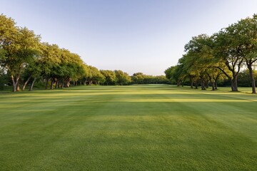 Fototapeta premium The Serene Golf Course Fairway Under Bright Sky and Shaded Trees