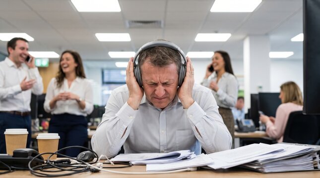 A stressed man wearing headphones at his desk blocks out noise while colleagues chat and laugh nearby in a busy office environment.