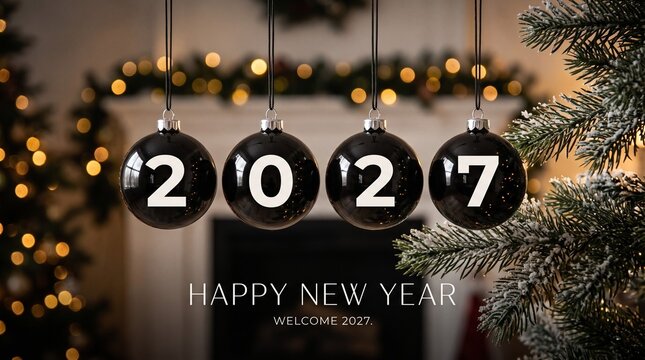 Four black christmas baubles hanging with the numbers 2027 for a happy new year celebration