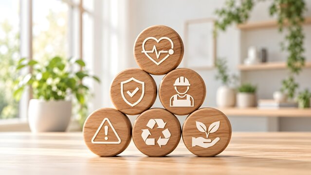 Concept of EHS and ESG principles shown through wooden blocks with icons for environment, health, safety, social responsibility, and recycling on a bright table in a professional setting.