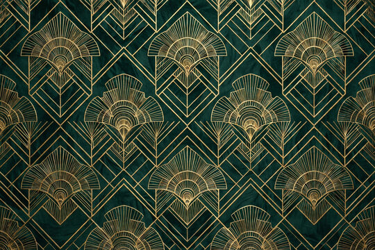 Gold art-deco geometric pattern on deep emerald green, luxury 1920s background