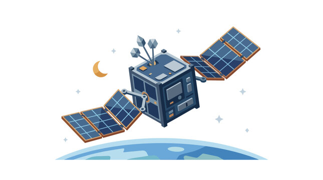 Small cubesat satellite with solar panels deploying in low earth orbit against stars flat design vector illustration