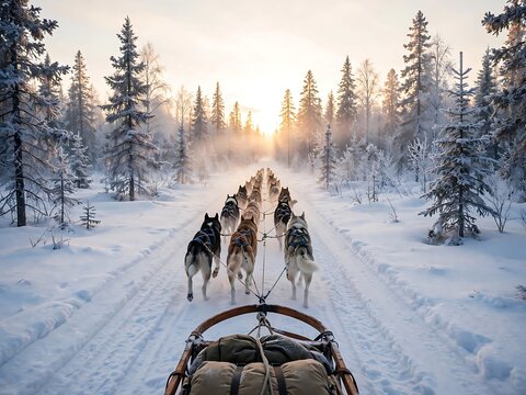 First person view from a dog sled being pulled by a team of huskies through a snowy forest path during a bright winter day with trees covered in frost