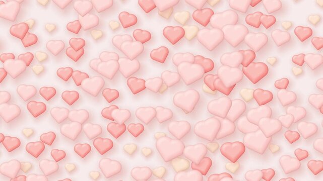 Soft pastel pink and peach puffy 3D hearts gently pulsing in a scattered pattern, seamless romantic background loop