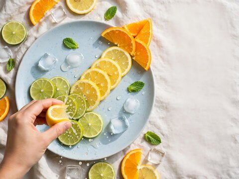 Hand squeezing a fresh lemon slice over a blue plate filled with citrus slices including lime and orange with ice cubes and mint leaves on white linen