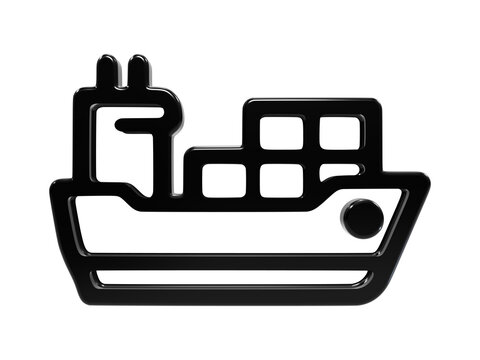 Cargo ship outline icon in black glossy finish for global maritime logistics use.