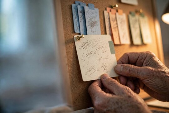 Hands pinning an index card onto a corkboard story grid close up