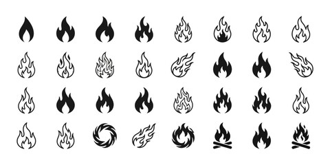Fototapeta premium A comprehensive collection of diverse vector fire and flame icons presented in various modern styles