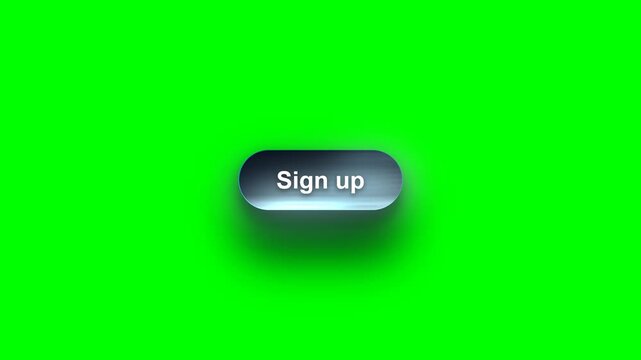 3D animated blue liquid metal sign up button with glowing sapphire neon edges. Perfect for modern web design interfaces. Isolated on green screen.