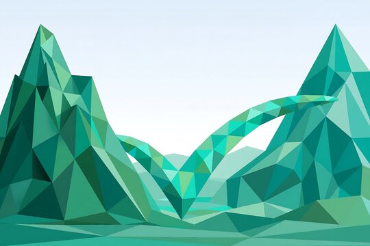 Low poly geometric mountain landscape with a stylized green check mark shape formed by the terrain, featuring sharp triangular facets and soft light gradients