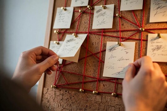 Hands arranging index cards on a story plotting board with red yarn