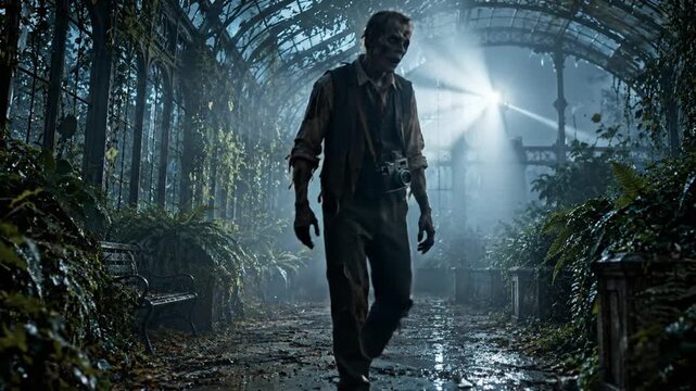 Scary zombie walking through an abandoned glass greenhouse at night