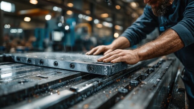 Worker Aligning Metal Workpiece Under CNC Milling Spindle, Precision Machining in Industrial Workshop