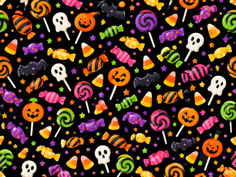 Halloween Candy Seamless Pattern with Colorful Lollipops, Sweets, Ghosts and Pumpkins