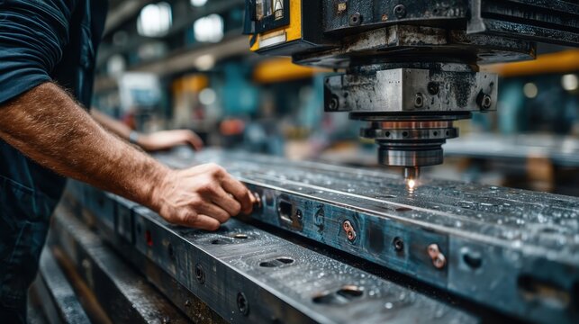 Worker Aligning Metal Workpiece Under CNC Milling Spindle, Precision Machining in Industrial Workshop