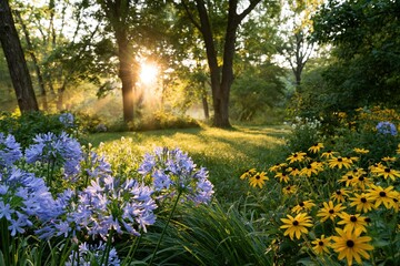 Fototapeta premium The Sunlit Garden Scene Featuring Alliums and Black-Eyed Susans in Bloom