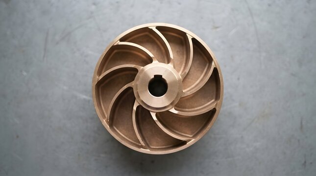 Brass water pump impeller component, industrial metal water pump rotor on concrete surface