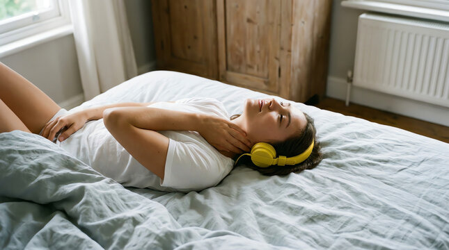 Young woman relaxing in bed listening to music with headphones during morning light