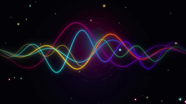 Colorful neon sound waves audio spectrum frequency abstract glowing digital light effect art motion graphic element for music visualization backdrop