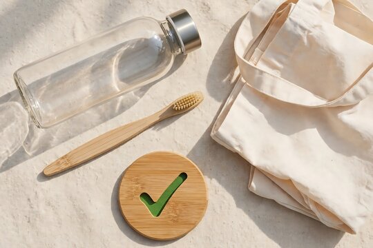 Sustainable eco-friendly lifestyle including a glass water bottle, a bamboo toothbrush, and a wooden coaster with a green check mark on a stone surface