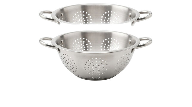 Stainless steel colander set, metal kitchen strainer bowl with handles, culinary food preparation equipment isolated PNG with Transparent Background