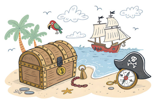 Pirate doodle illustration with treasure chest, ship, parrot, pirate hat, compass.
