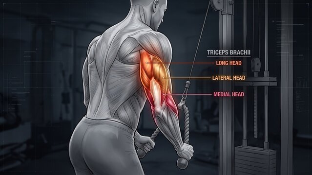 Triceps Brachii Cable Pushdown Exercise Muscle Anatomy 3D Diagram