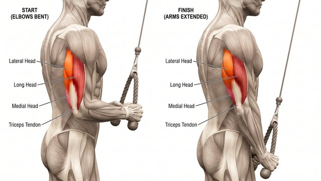 Triceps Cable Pushdown Start and Finish Position Arm Muscle Anatomy Diagram