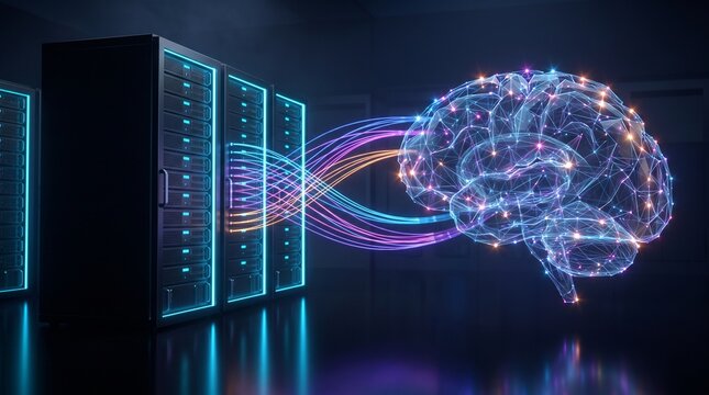 Artificial Intelligence Neural Network Connected to Enterprise Data Servers Illustrating Intelligent Computing and Automated Information Processing