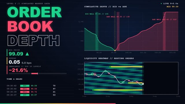 Order book depth financial dashboard typography animation showing cumulative bid vs ask depth and liquidity heatmap on dark screen.